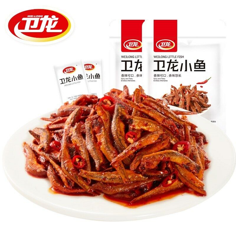 Chinese Food Snacks WeiLong Fish larvae Zi Hunan flavor 150g*2bags 卫龙小鱼仔 即食麻辣小魚 Main image