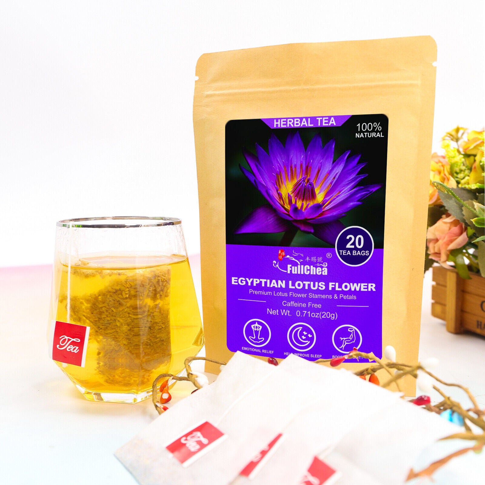 FullChea - Egyptian Lotus Flower Tea Bags, 20 Teabags, 1g/bag - Herbal Tea