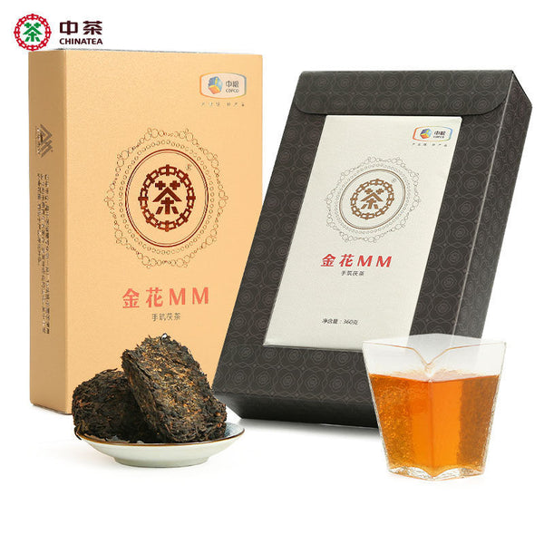 CHINATEA Jinhua MM Hunan Anhua Golden Flowers Handmade Fucha Dark Tea Brick 360g