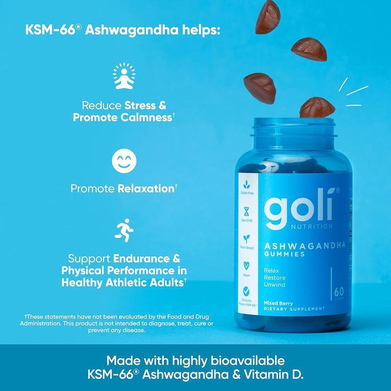 3 Pcs Goli Nutrition Ashwagandha Gummies Mixed Berry 60 Count Gummies-USA