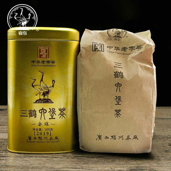 Three Cranes  Loose Dark Tea Guangxi Liupao Box Tea Hei Cha Golden Jar 200g