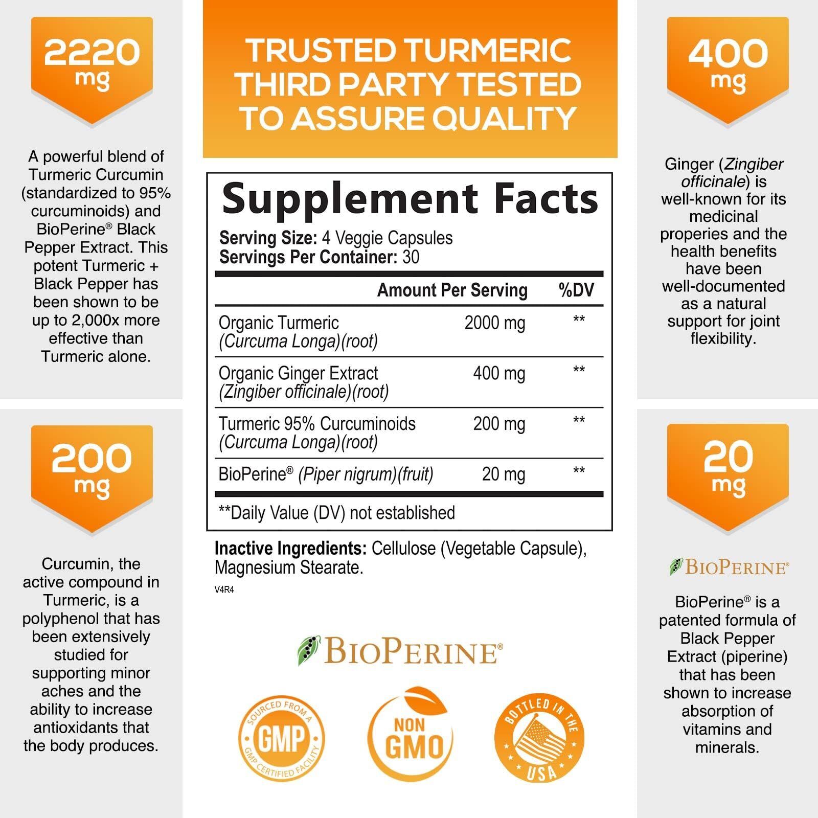 Turmeric Curcumin with Ginger - 95% Curcuminoids 2600mg Max potency w BioPerine