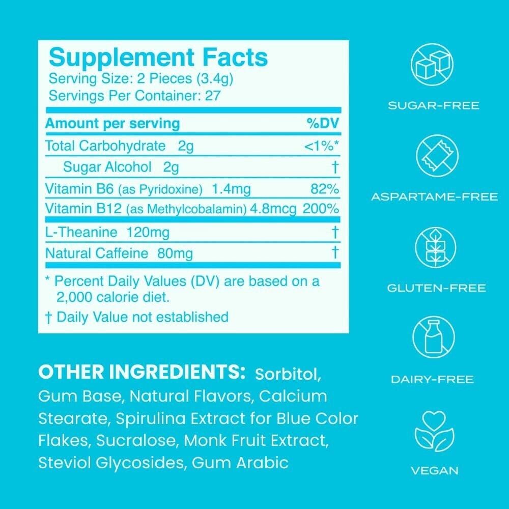 Energy Caffeine GUM (90Pieces) - Sugar Free with L-theanine + Caffeine