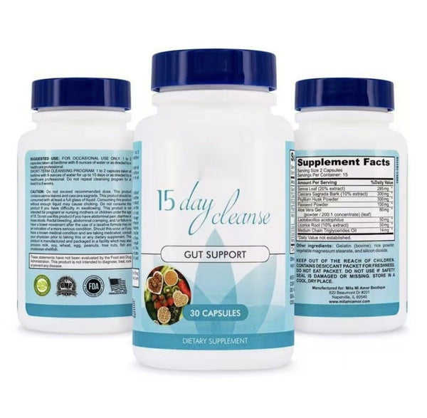 Gut and Colon Support 15 Day Cleanse Detox 30 CAPSULES Non-GMO