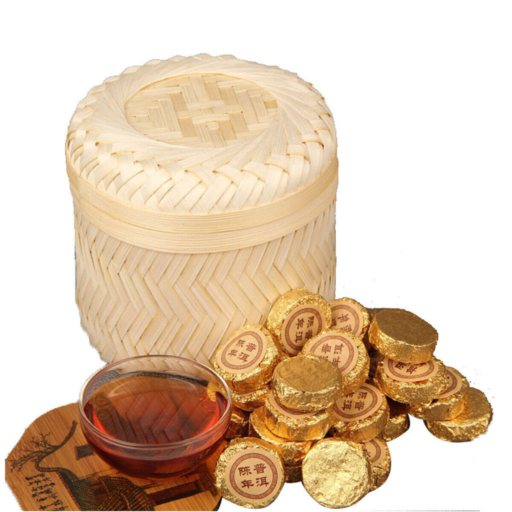 Small Golden Cake Premium Bamboo Basket Ripe Puer High Quality Puerh Tea 500g