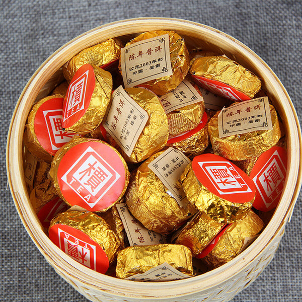 Small Golden Cake Premium Bamboo Basket Ripe Puer High Quality Puerh Tea 500g