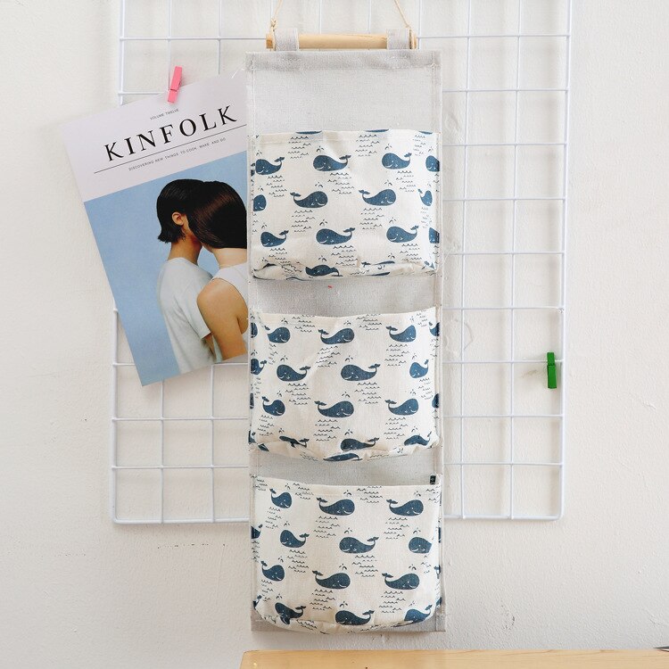 Pattern Cotton Linen Hanging Storage Bag 3 Pockets Wall Mounted Wardrobe Hang Bag Wall Pouch Cosmetic Toys Organizer Secondary image