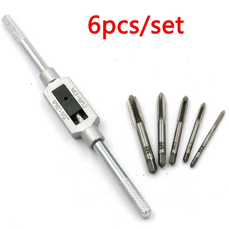 6pcs 3F Hand Screw Thread Metric Plug Tap Set M3 M4 M5 M6 M8 with Adjustable Tap Wrench 1/16-1/4"