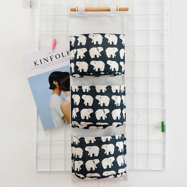 Pattern Cotton Linen Hanging Storage Bag 3 Pockets Wall Mounted Wardrobe Hang Bag Wall Pouch Cosmetic Toys Organizer