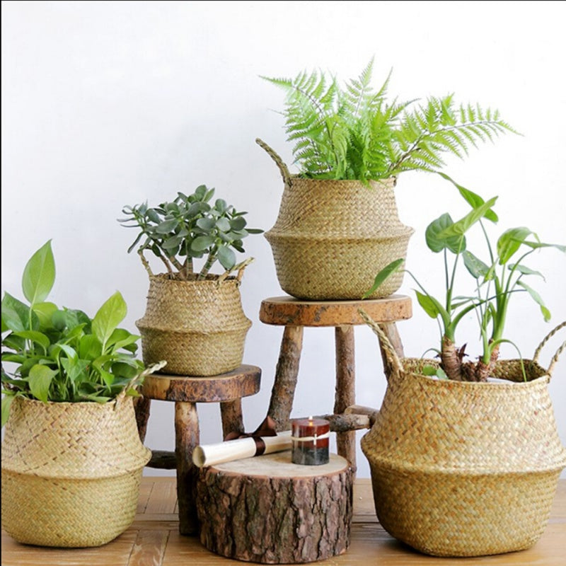 Rattan Folding Basket Seaweed Wicker Baskets Dirty Laundry Storage Basket Home Storage Simple Decoration Organizer Garden Pot