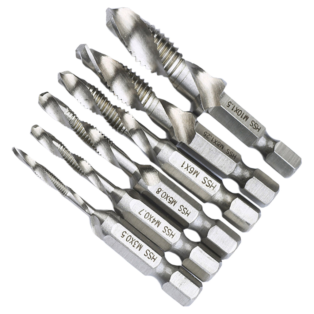 6pcs M3-M10 Screw Tap Drill Bits Hss Taps Countersink Deburr Set Metric Combination Bit High Speed Steel 1/4 IN Quick Change Hex