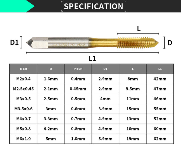 1pc M2/M2.5/M3/M3.5/M4/M5/M6 Titanium Coated Hand Tap HSS Metric Straight Flute Thread Screw Tap