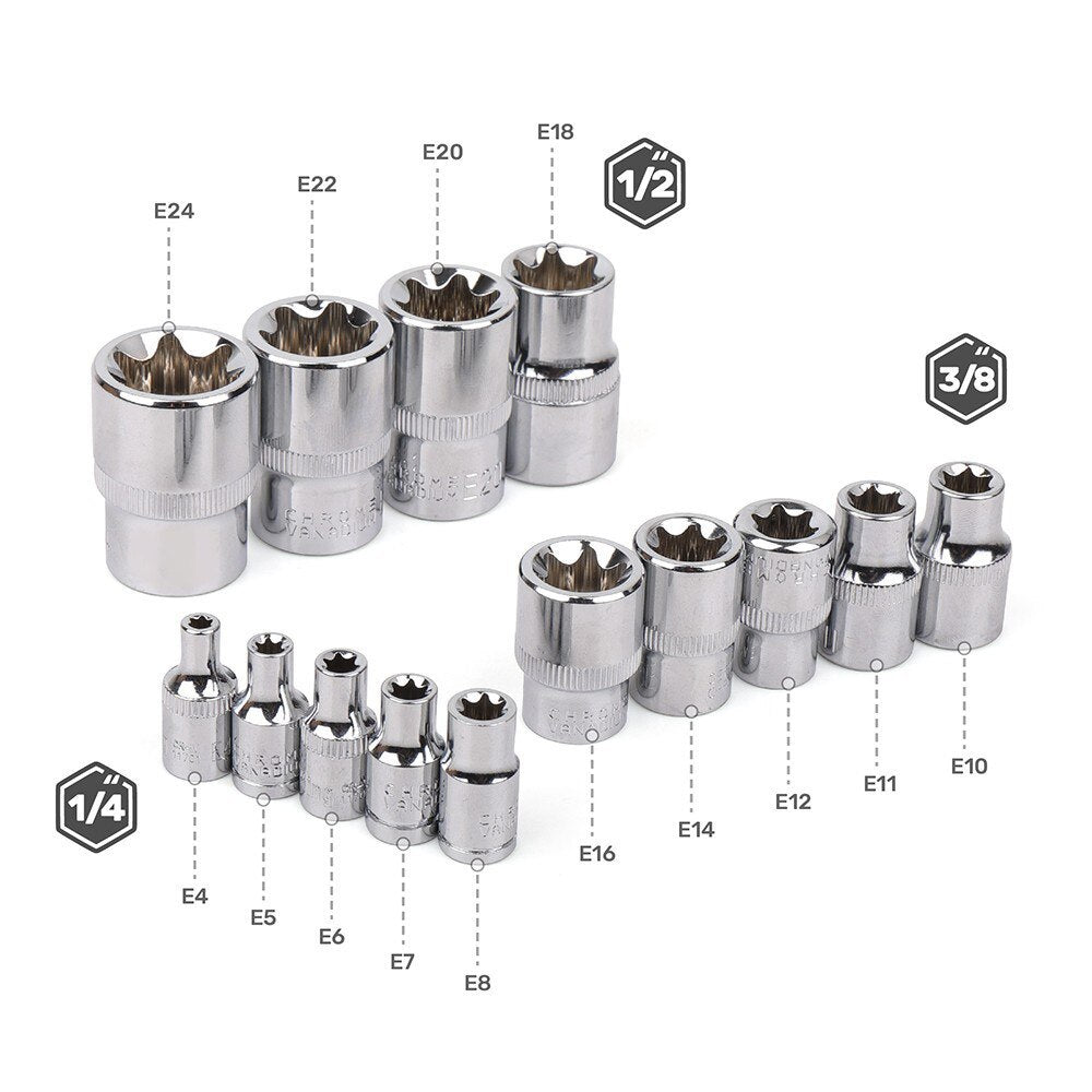 1/4" 3/8" 1/2 E-Socket Sockets Set Adapter Torx Star Bit Repair Hand Tools Head for Torque Spanner Ratchet Socket Wrench Main image