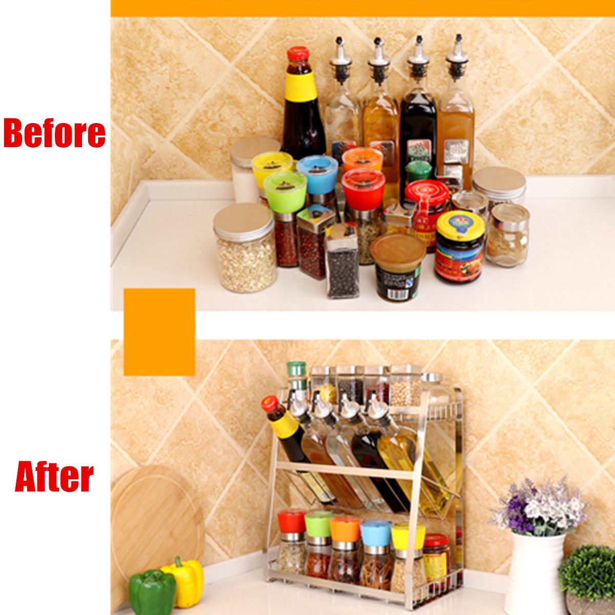 3 Layers Kitchen Spice Rack 304 Stainless Steel Countertop Spice Jars Bottle Shelf Kitchen Organizer Shelf Storage Holder Black