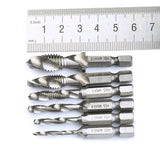 6pcs M3-M10 Screw Tap Drill Bits Hss Taps Countersink Deburr Set Metric Combination Bit High Speed Steel 1/4 IN Quick Change Hex