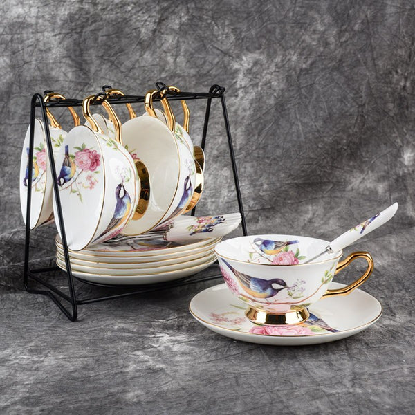 Pastoral Flower Bird Bone China Tea Cup Saucer Spoon Set 200ml British Cafe Porcelain Coffee Cup Advanced Ceramic Teacup