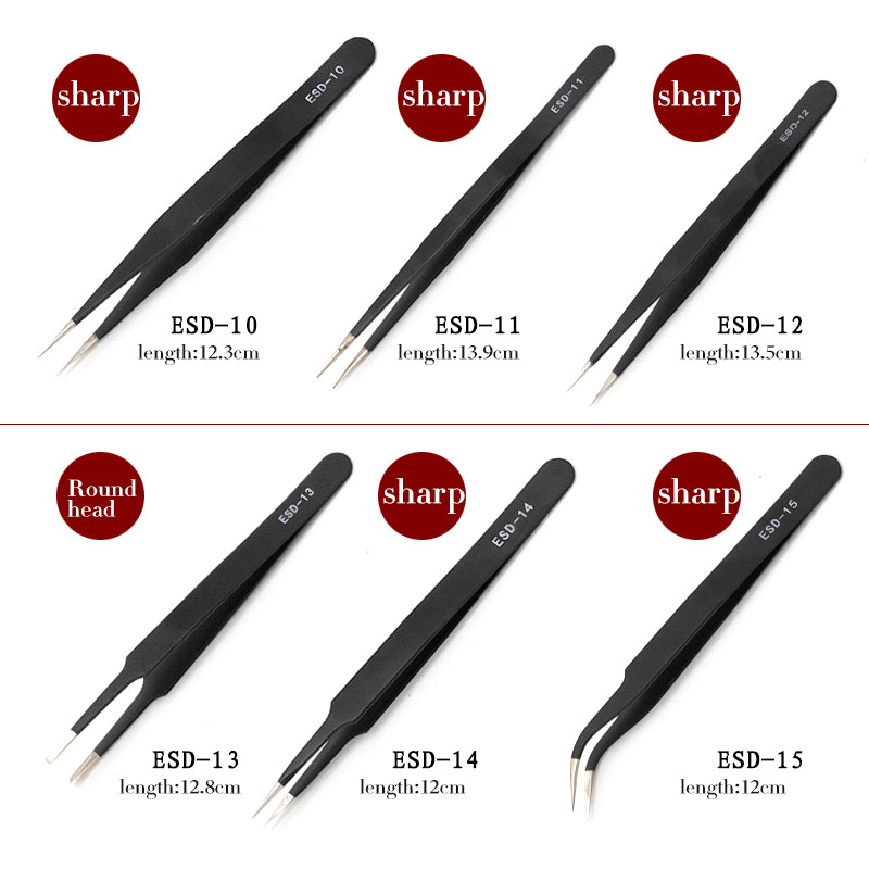 10 model metal anti-static bending straight tip tweezers precision welding  electronic ESD tweezers for soldering smd tool set