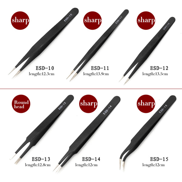 10 model metal anti-static bending straight tip tweezers precision welding  electronic ESD tweezers for soldering smd tool set