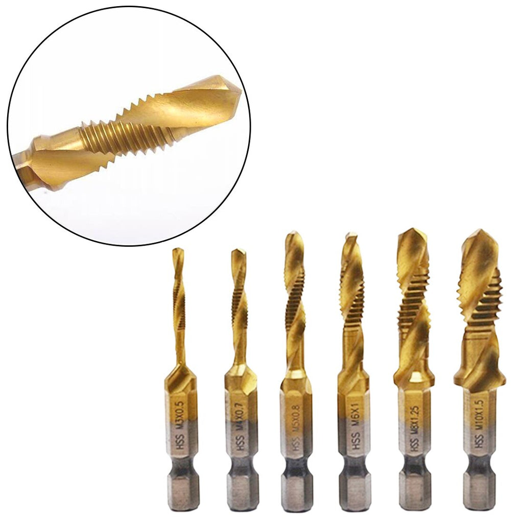 6pcs M3 M4 M5 M6 M8 M10 HSS Drill Bit Tap HSS Drill Bits Metric Thread Spiral Screw1/4" Hex Shank Bits Set Power Tools