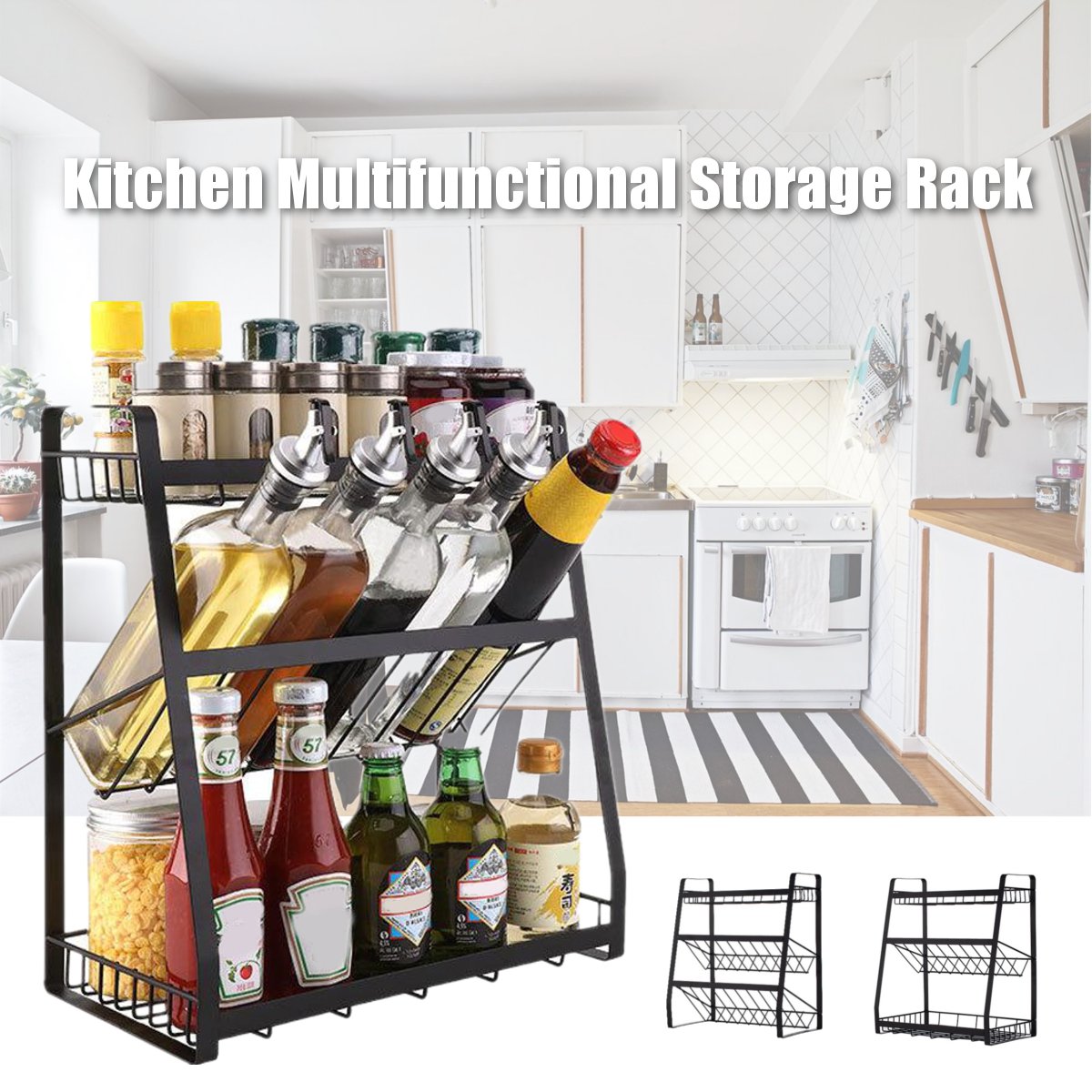 3 Layers Metal Multifunction Storage Rack Holder Kitchen Tool Organizer Seasoning Bottles Stand Shelf Dish Bowl Drain Rack Secondary image