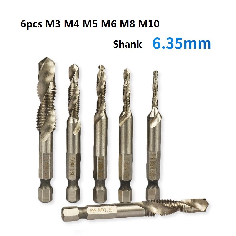 6pcs 1/4 Hex Shank HSS metric Thread tap HSS drill bits spiral trapezoidal tap  Hand Screw Taps M3 M4 M5 M6 M8 M1O tap sets Main image