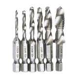 6pcs M3-M10 Screw Tap Drill Bits Hss Taps Countersink Deburr Set Metric Combination Bit High Speed Steel 1/4 IN Quick Change Hex