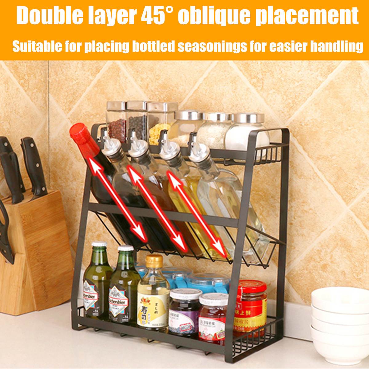 3 Layers Kitchen Spice Rack 304 Stainless Steel Countertop Spice Jars Bottle Shelf Kitchen Organizer Shelf Storage Holder Black