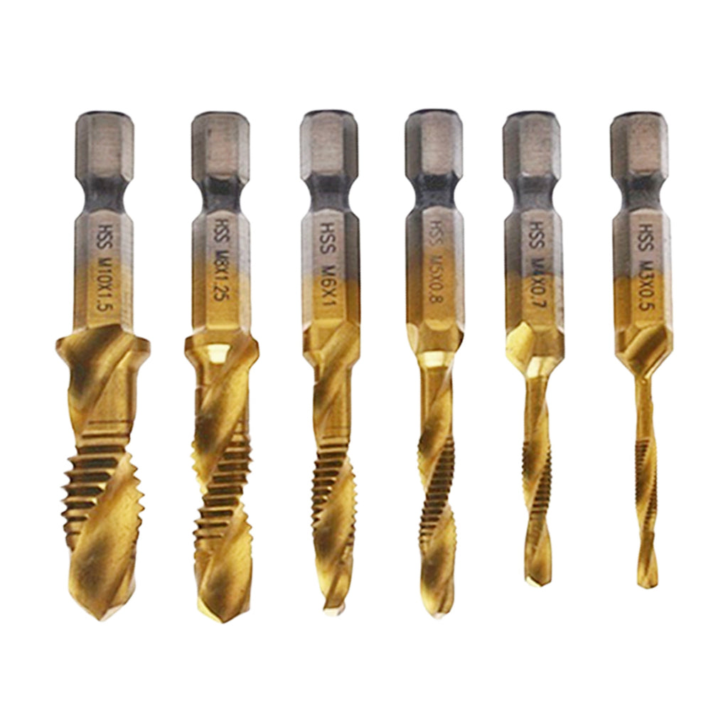 6pcs M3 M4 M5 M6 M8 M10 HSS Drill Bit Tap HSS Drill Bits Metric Thread Spiral Screw1/4" Hex Shank Bits Set Power Tools