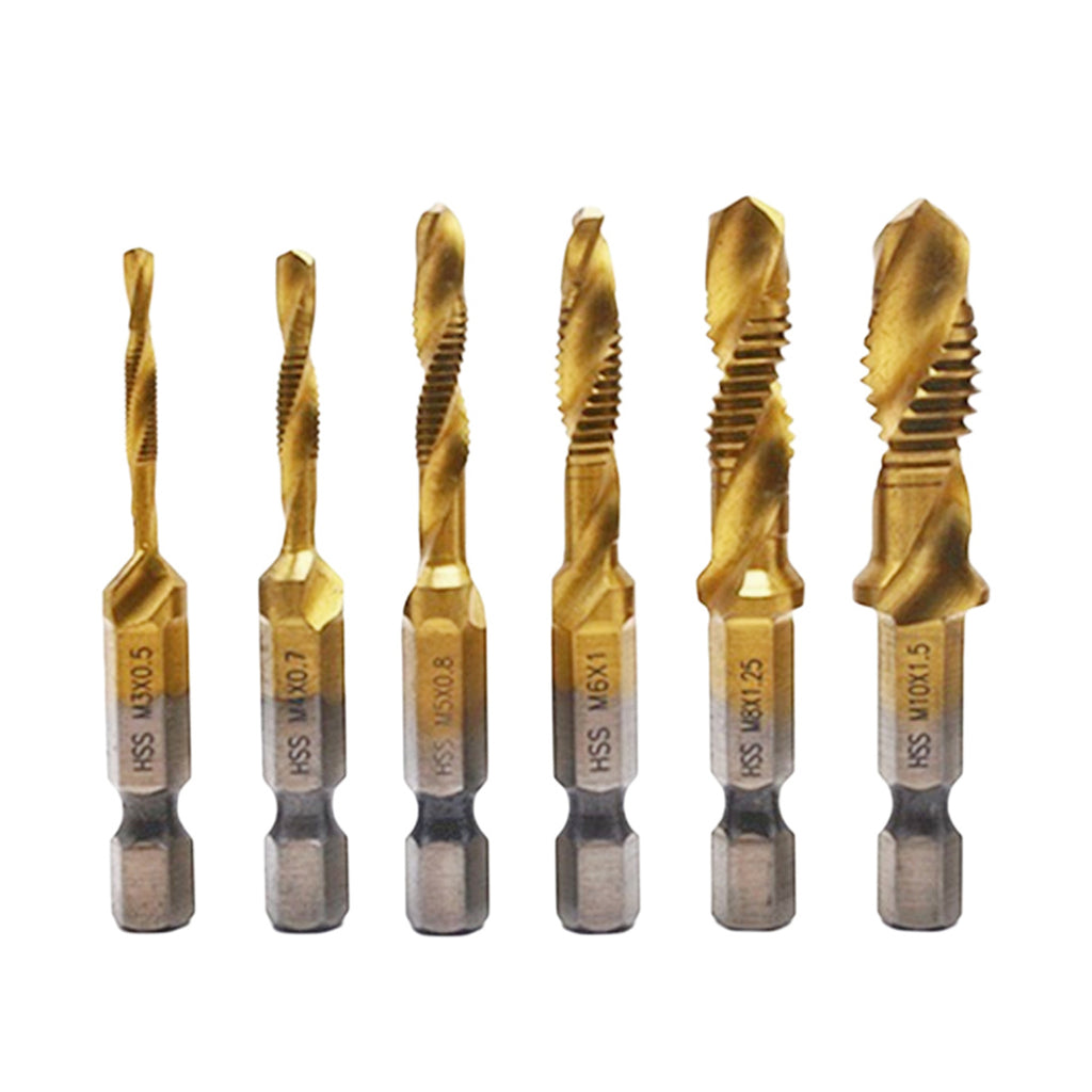 6pcs M3 M4 M5 M6 M8 M10 HSS Drill Bit Tap HSS Drill Bits Metric Thread Spiral Screw1/4" Hex Shank Bits Set Power Tools