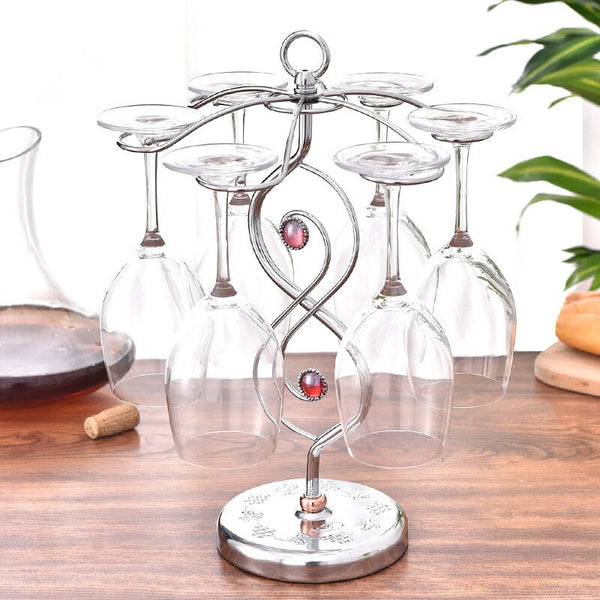 Nordic Style Goblet Holder Wine Cup Rack Red Wine Glass Cup Standing with 6 Hooks Stainless Steel Hanging Drinking Glasses Rack