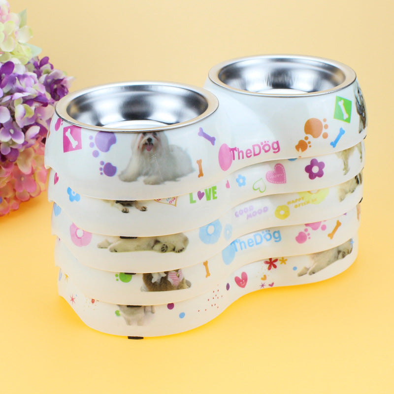 Dog Feeder Double Removable Stainless Steel Dog Bowl With Melamine Plastic Base Pet Dinner Dish Feeding And Watering Supplies