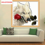 DIY 5D Diamond Embroidery  Wolf is carrying the roses Round Diamond Painting Cross Stitch Kit Mosaic Painting Home Decor