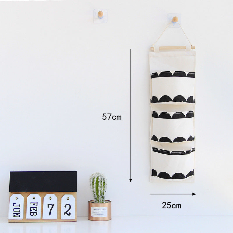 Black white Pattern Cotton Linen Hanging Storage Bag 3 Pockets Wall Mounted Wardrobe Hang Bag Wall Pouch Cosmetic Toys Organizer Secondary image