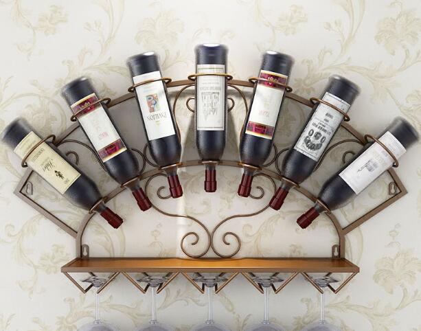 Modern Metal Wine Holder Rack for 7 Bottles Wall Mounted Wine Bottle Display Rack Glassware Storage Shelf for Whiskey Red Wine