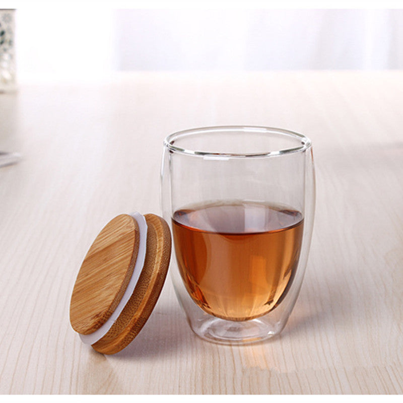 Double Glass Cup Coffee Mugs Tea Cup Transparent Heat-resistant Glass Cups With Bamboo Insulation Cup Lid Creative Wholesale Main image
