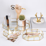 Retro Brass Storage Tray Golden Polygon Glass Makeup Organizer Tray Dessert Snack Plate Jewelry Display Stand Home Kitchen Decor