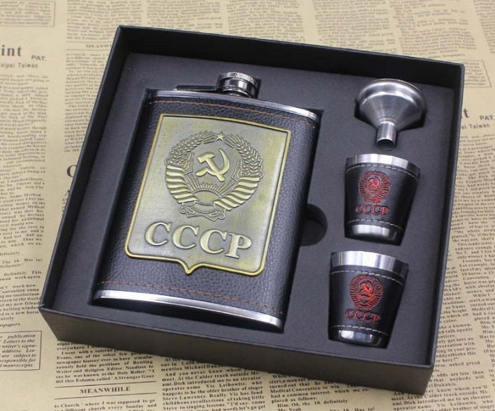 8oz Luxury Stainless Steel Hip Flasks Set Faux Leather Chip Flagon Whiskey Wine Bottle cccp Engraving Alcohol Pocket Flagon Gift