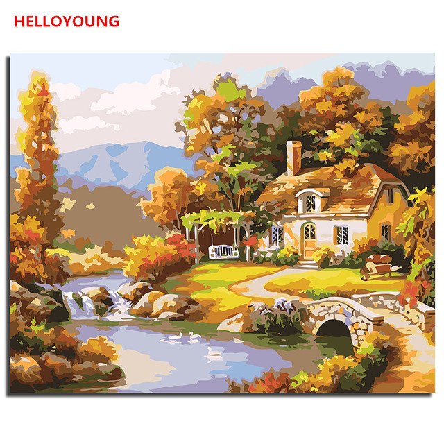 Lakeside Landscape House DIY Painting By Numbers Handpainted Canvas Oil Painting Unique For Christmas Decoration Artwork