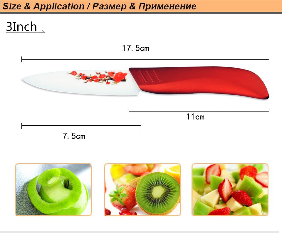Hot  High Quality Red Flower Painted Zirconia Ceramic Kitchen fruit Knife Set Kit 3" 5" 6'' inch + Peeler+Cove