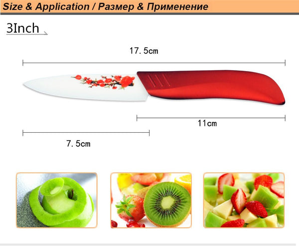 Hot  High Quality Red Flower Painted Zirconia Ceramic Kitchen fruit Knife Set Kit 3" 5" 6'' inch + Peeler+Cove