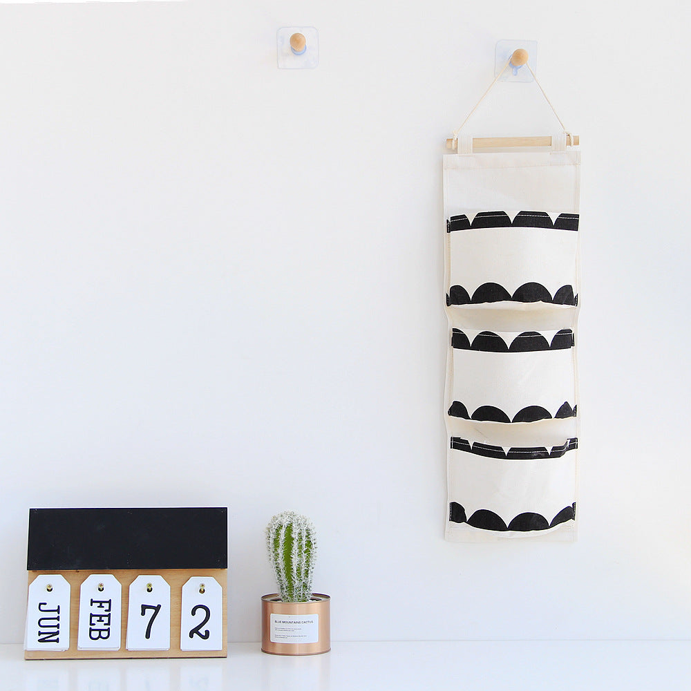 Black white Pattern Cotton Linen Hanging Storage Bag 3 Pockets Wall Mounted Wardrobe Hang Bag Wall Pouch Cosmetic Toys Organizer