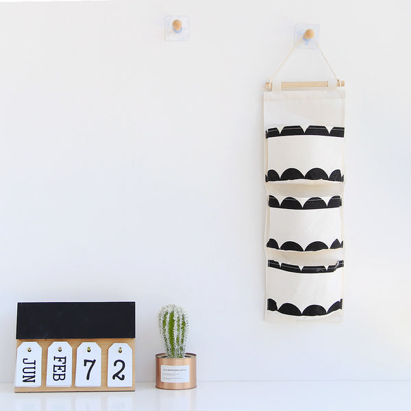Black white Pattern Cotton Linen Hanging Storage Bag 3 Pockets Wall Mounted Wardrobe Hang Bag Wall Pouch Cosmetic Toys Organizer