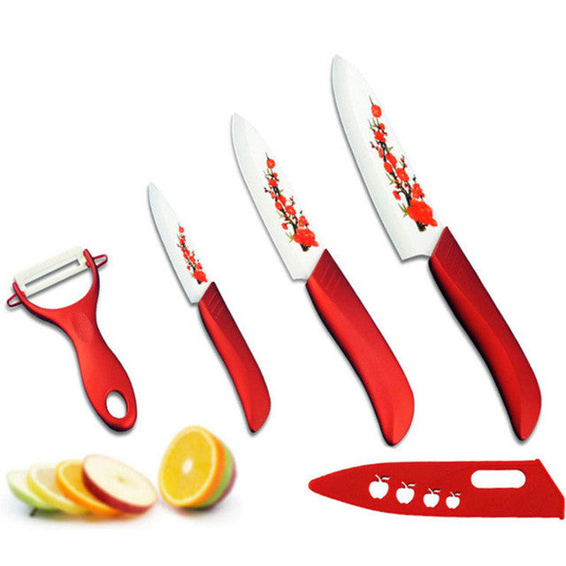 Hot  High Quality Red Flower Painted Zirconia Ceramic Kitchen fruit Knife Set Kit 3" 5" 6'' inch + Peeler+Cove Main image