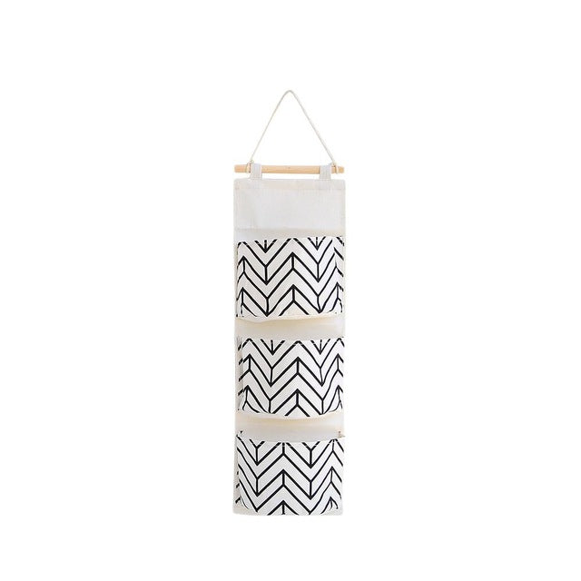 Black white Pattern Cotton Linen Hanging Storage Bag 3 Pockets Wall Mounted Wardrobe Hang Bag Wall Pouch Cosmetic Toys Organizer