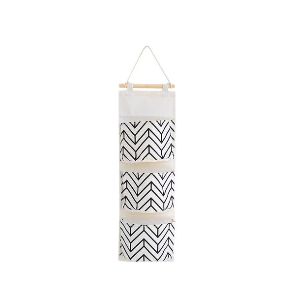 Black white Pattern Cotton Linen Hanging Storage Bag 3 Pockets Wall Mounted Wardrobe Hang Bag Wall Pouch Cosmetic Toys Organizer