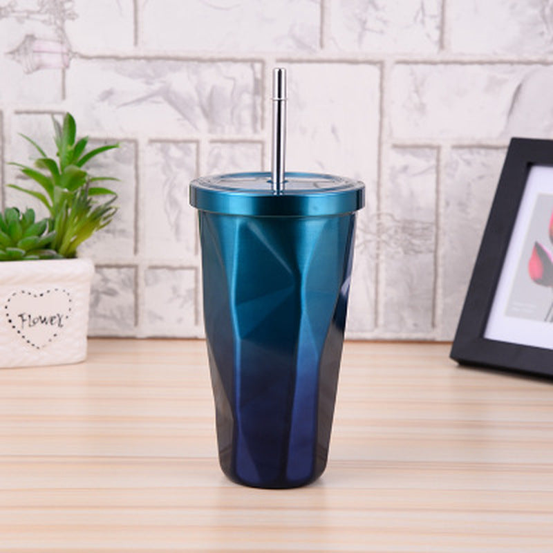 Coffee Mug With Straws Cup 500ml Creative Double Wall Stainless Steel Gradient Diamond Shaped Vacuum Insulation Bottle Tour Secondary image
