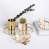 Retro Brass Storage Tray Golden Polygon Glass Makeup Organizer Tray Dessert Snack Plate Jewelry Display Stand Home Kitchen Decor