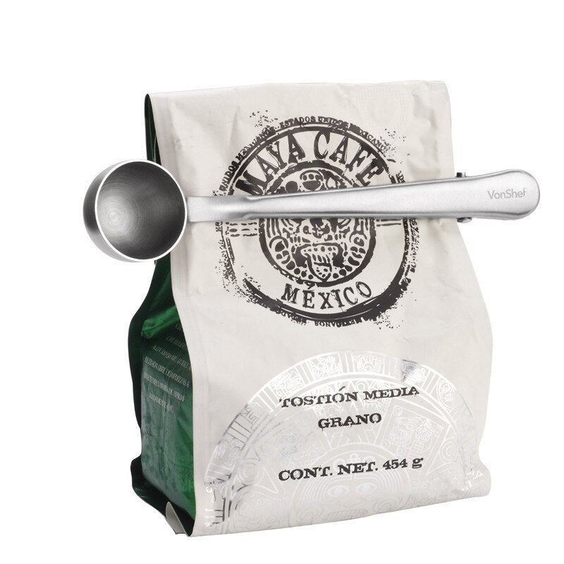 Hot Style Heathful Cooking Tool Stainless 1 Cup Ground Coffee Measuring Scoop Spoon with Bag Sealing Clip Good Helper