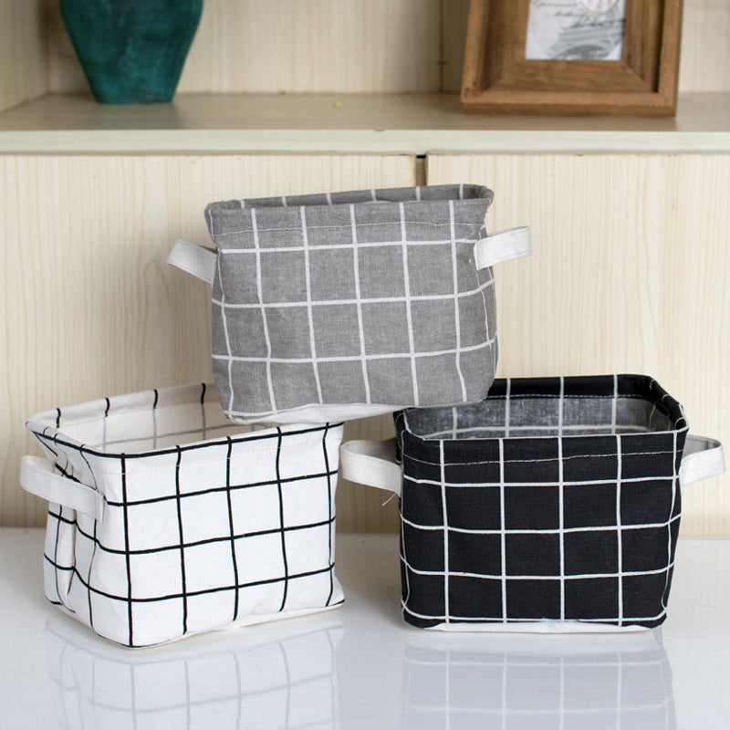 Grid Cotton Linen Office Desktop Storage Organizer Sundries Storage Box Cabinet Underwear Storage Basket Container