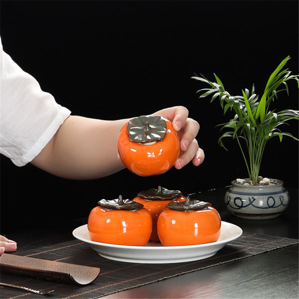 Ceramic Persimmon Tea Canister Coffee Box Puer Green Tea Caddy Storage Sealed Jar Mini tea cans for puer Oolong tea storage